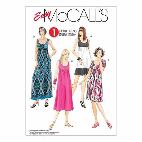 Misses and Women's dresses in four lengths - sleeveless or puff sleeves.   Cinched empire waist   suggested fabrics: stretch knits only, such as, jersey, cotton knits and poly blends.   Can also use border fabrics!!