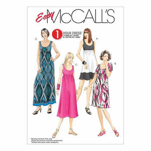Misses and Women's dresses in four lengths - sleeveless or puff sleeves.   Cinched empire waist   suggested fabrics: stretch knits only, such as, jersey, cotton knits and poly blends.   Can also use border fabrics!!