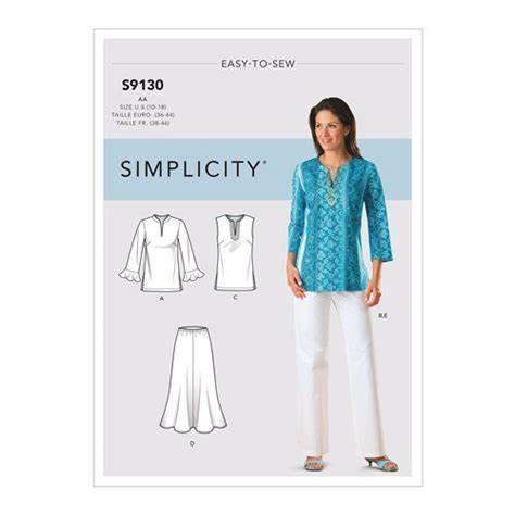 two size options: Sizes 10-18 and Sizes 20W-28W  Tunic with and without sleeves, pants, skirt and scarf  Fabrics - laundered cottons, batiks, challis, crepe back satin, laundered silks-rayons, crinkled gauze, matte jerseys, handkerchief linen