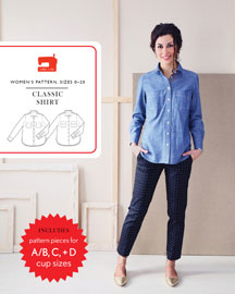 A wardrobe staple, this shirt is both versatile and polished. The pattern features separate pieces for A/B, C, and D cup sizes and includes many professional details to help you sew beautiful looking (and fitting!) shirts.