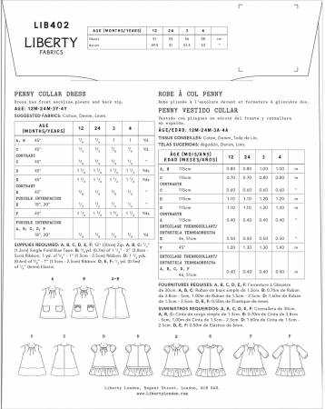 Liberty Sewing Club pattern by Liberty of London.  Little girl dress with front neck pleats, back zip and 3 sleeve and dress options.  12 months - 4 years