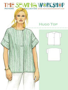 Loose-fitting hip-length top with front pleat, hidden button placket and decorative one-button closure. Side seam vents and sleeve bands. Suggested Fabrics Top: Rayon or Wool Challis, Cotton, Linen, Silk and Knit. Notions - Top: Three 1/2 " flat buttons. One 3/8" decorative button. Blunt large-eye needle. Thread. Optional: 1/2" yard lightweight fusible interfacing. Sizes XS, S, M, L, XL, XXL, XXXL.