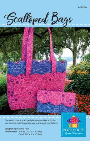 These Scalloped Bags are so much fun to make, and we make them with a no binding technique! Kit these up with Bosal's pre-cut scalloped placemat packs - one pack makes the tote and the clutch. Tote 16in x 11-1/2in x 3in deep, Clutch 8-1/2in x 5in x 1/2in deep
