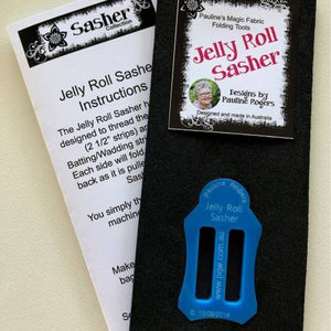 Fold Jelly rolls with batting/wadding quickly and easily with this nifty tool. No need to iron the strips - just feed the layered strips into the Sasher in your lap and then feed the folded strips directly to your sewing machine for stitching. Great tool for use with the Jelly Roll Rug, bags, bowls etc.