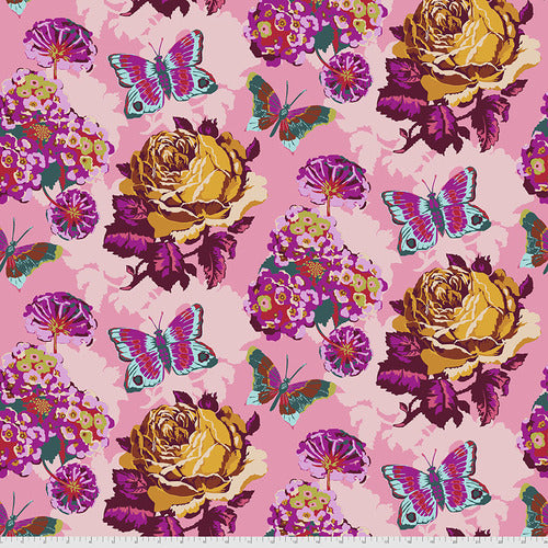 Clippings from the Love Always, AM Collection by Anna Maria for Freespirit Fabrics.  Large, multicolor florals and butterflies on a pink background.  100% Cotton, 44/5"  ALL FABRICS ARE PRICED BY THE HALF YARD.  PLEASE ORDER IN QUANTITIES OF 1/2 YARD.  WE WILL CUT IN ONE PIECE.