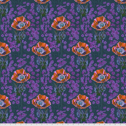 Bossy Mini in Evening colorway from the Bright Eyes Collection by Anna Maria for Freespirit Fabrics.  Blossoming poppies in a sea of purple flowers on a black background.  100% Cotton, 44/5"