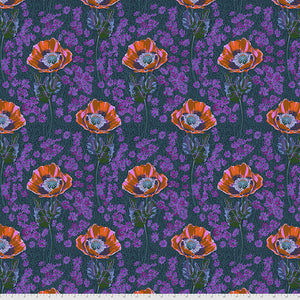 Bossy Mini in Evening colorway from the Bright Eyes Collection by Anna Maria for Freespirit Fabrics.  Blossoming poppies in a sea of purple flowers on a black background.  100% Cotton, 44/5"