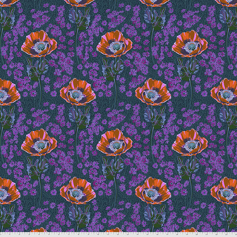 Bossy Mini in Evening colorway from the Bright Eyes Collection by Anna Maria for Freespirit Fabrics.  Blossoming poppies in a sea of purple flowers on a black background.  100% Cotton, 44/5"