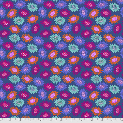 She loves me she loves me not!  Picky - Blue from the Bright Eyes Collection by Anna Maria for Freespirit Fabrics.  Multicolored, packed flower heads on a blue background.  100% Cotton, 44/5"