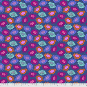 She loves me she loves me not!  Picky - Blue from the Bright Eyes Collection by Anna Maria for Freespirit Fabrics.  Multicolored, packed flower heads on a blue background.  100% Cotton, 44/5"