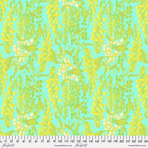 Bright and fun floral from Freespirit designed by Anna Maria. Bright seafoam green background covered with yellow and white lilies of the valley. 