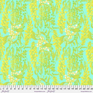 Bright and fun floral from Freespirit designed by Anna Maria. Bright seafoam green background covered with yellow and white lilies of the valley. 