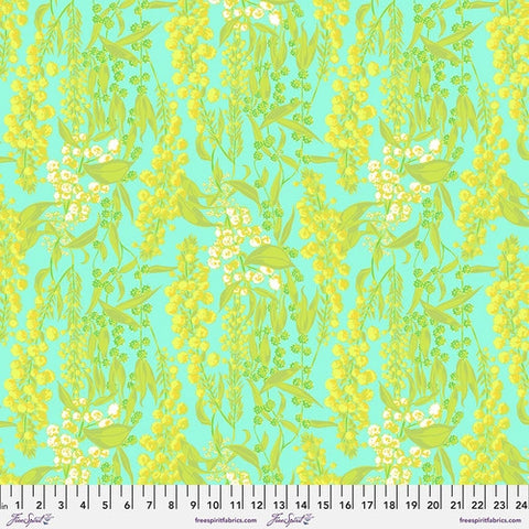 Bright and fun floral from Freespirit designed by Anna Maria. Bright seafoam green background covered with yellow and white lilies of the valley. 