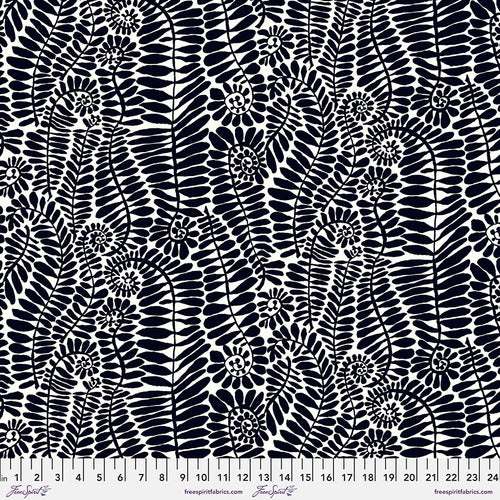 Black viney leaves on a white background. This is a very playful and whimsical fabric that would work well with anything!
