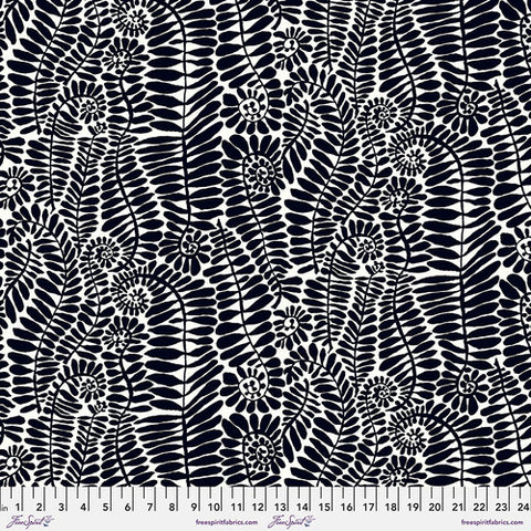 Black viney leaves on a white background. This is a very playful and whimsical fabric that would work well with anything!