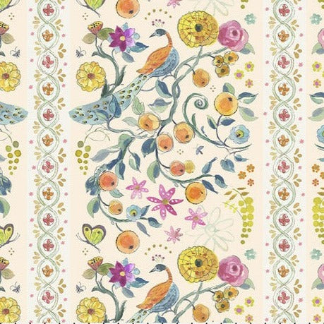 This bright fabric consists of oranges and beautifully colored peacocks! Complimented by whimsical dainty designs and pretty colors this fabric is sure to brighten any project.   100% cotton - 44"