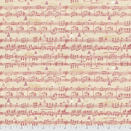 Jolly Song by Cori Dantini from the Holly Jolly collection for Freespirit Fabric. Red music score on a parchment ground. 100% Cotton, 44/5"  ALL FABRICS ARE PRICED BY THE HALF YARD.  PLEASE ORDER IN QUANTITIES OF 1/2 YARD.  WE WILL CUT IN ONE PIECE.