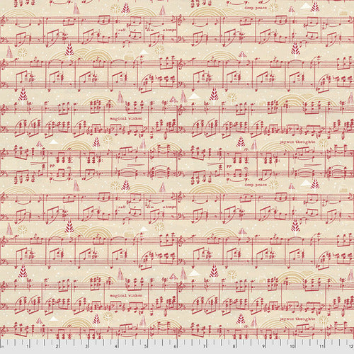 Jolly Song by Cori Dantini from the Holly Jolly collection for Freespirit Fabric. Red music score on a parchment ground. 100% Cotton, 44/5"  ALL FABRICS ARE PRICED BY THE HALF YARD.  PLEASE ORDER IN QUANTITIES OF 1/2 YARD.  WE WILL CUT IN ONE PIECE.