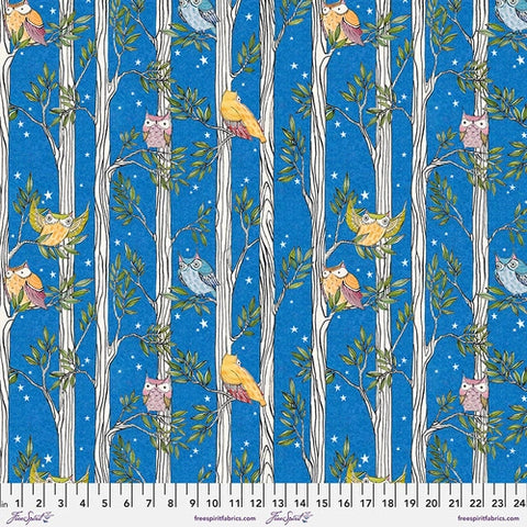 Bright electric blue sky with black and white trees with green leaves and colorful owls! This whimsical fabric would be a great addition to any kids room, or a fun project looking for a little flair.  100% cotton - 44"
