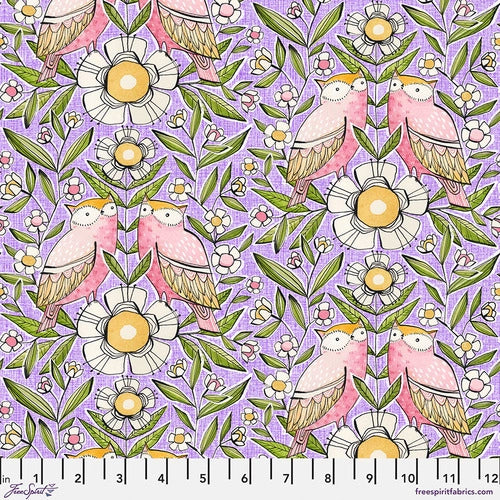 Bright purple background with pink owls and white flowers with green leaves! Playful fabric with an illustrator quality. Fun fabric that's sure to make your next project a hoot!  100% cotton - 44"