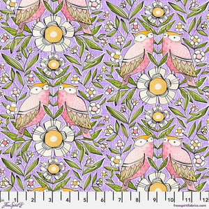 Bright purple background with pink owls and white flowers with green leaves! Playful fabric with an illustrator quality. Fun fabric that's sure to make your next project a hoot!  100% cotton - 44"