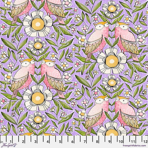 Bright purple background with pink owls and white flowers with green leaves! Playful fabric with an illustrator quality. Fun fabric that's sure to make your next project a hoot!  100% cotton - 44"