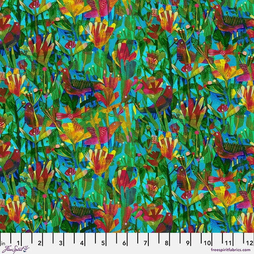 This bright geometric fabric is designed by Este MacLeod for the collection "Find the Birds" for Freespirit Fabrics. This fabric is covered in different colored flowers, hidden birds and green leaves over a turquoise background. This fabric looks like it was collaged onto it with paper. The longer you look at this fabric, the more you discover!