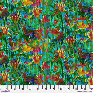 This bright geometric fabric is designed by Este MacLeod for the collection "Find the Birds" for Freespirit Fabrics. This fabric is covered in different colored flowers, hidden birds and green leaves over a turquoise background. This fabric looks like it was collaged onto it with paper. The longer you look at this fabric, the more you discover!