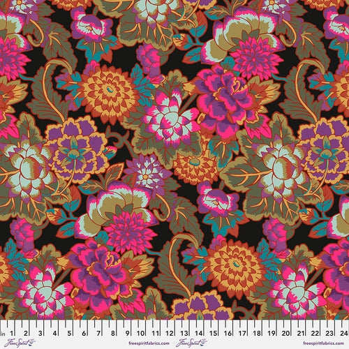 This pretty floral design is on a black background and contains purples, pinks, blues, oranges and browns. A quieter color mixture for Kaffe, but still has the pops of color that catch your eye! Beautiful floral toss from Kaffe Fasset