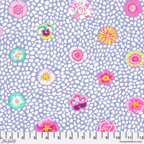Light and pretty guinea flower is full of white dots on a purple background with bright flowers. Pansies, morning glories, zinnias and more! This fabric is bright and light. 