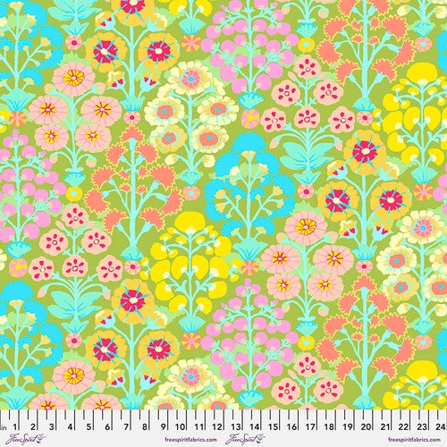 Bright and beautiful retro floral from Kaffe Fassett. This fabric is reminiscent of a 70s mod floral design. Bright yellow, blue, pink and purples. 100% Cotton, 44/5"