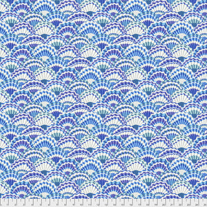Kaffe Fassett for Kaffe Fassett Collective.  Paper fans in a seashell pattern of blue and purple.  100% Cotton, 44/5"