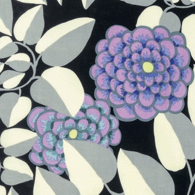 Kaffe Fassett for Kaffe Fassett Collective.  Purple flowers with white and grey leaves on a black background.  100% Cotton, 44/5"