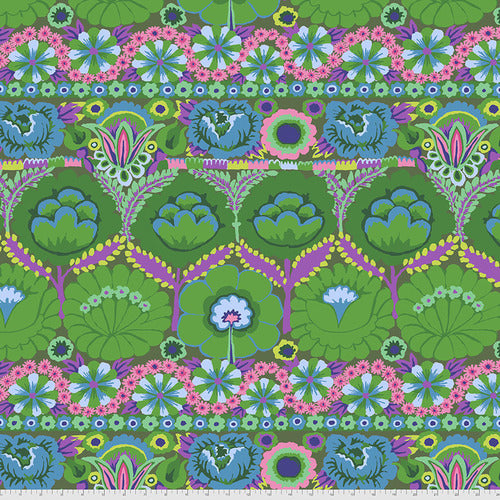 An explosion of purple, cyan, and green flowers create rows of different floral designs on a green background. From the Kaffe Fassett Collective for FreeSpirit. 100% Cotton, 44/45" wide.