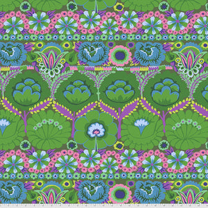 An explosion of purple, cyan, and green flowers create rows of different floral designs on a green background. From the Kaffe Fassett Collective for FreeSpirit. 100% Cotton, 44/45" wide.