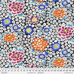 Pretty and bright! This floral is accompanied by white daisies on a black background. Large orange, blue and pink flowers compliment the turquoise leaves. This print is sure to catch your eye! 