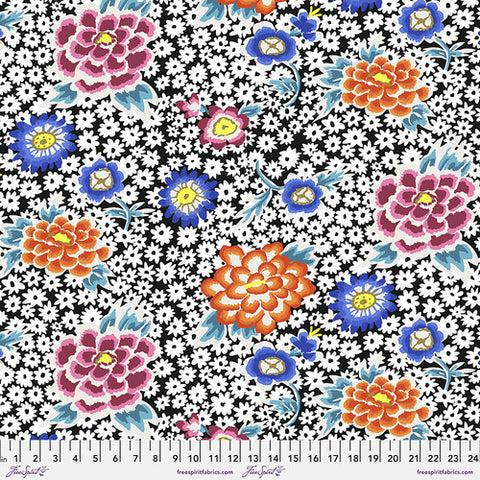 Flowers bloom in a field of white daisies on a black background. Large orange, blue and pink flowers compliment the turquoise leaves. From the Kaffe Fassett Collective Collection for FreeSpirit. 100% Cotton, 44/45" wide.