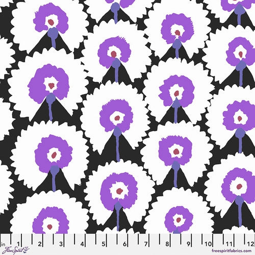 Regal fans on a black background. This fun fabric has white, purple and red fans! Colorful but not too bright.  Get creative with this fun Kaffe fabric   100% Cotton, 44/5"