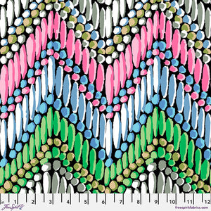 This bright fabric is from Kaffe Fassett for FreeSpirit Fabrics. This fabric is called "Beaded Curtain" and looks just like it could be beaded! Beautiful pastel pinks, blues, greens and white over a black background. 
