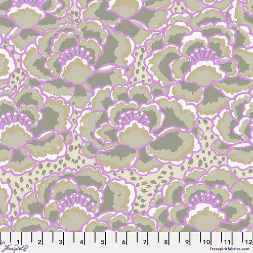 This muted fabric is from Kaffe Fassett for FreeSpirit Fabrics. This fabric consists of more muted colors like greys, greyish greens, white and a hint of purple. Big flowers on top of a polka dot background. 
