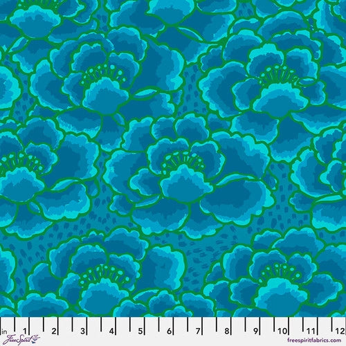 This bright fabric is from Kaffe Fassett for FreeSpirit Fabrics. This beautiful turquoise fabric is made up of large flowers that are made up of the same colors. Deep turquoise, green, light blue and a little bit of navy. The closer you look the more you see the details. We also carry this fabric in beige! 