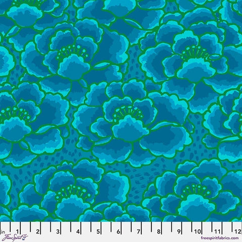 This bright fabric is from Kaffe Fassett for FreeSpirit Fabrics. This beautiful turquoise fabric is made up of large flowers that are made up of the same colors. Deep turquoise, green, light blue and a little bit of navy. The closer you look the more you see the details. We also carry this fabric in beige! 