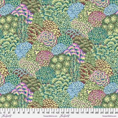 This beautiful busy print is covered in different kinds of colorful plants. The colors in this fabric are a bit more muted compared to other Kaffe Fassett Designs. Sage green, purples, yellows and mauves. 