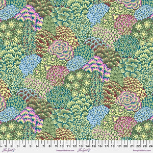 This beautiful busy print is covered in different kinds of colorful plants. The colors in this fabric are a bit more muted compared to other Kaffe Fassett Designs. Sage green, purples, yellows and mauves. 