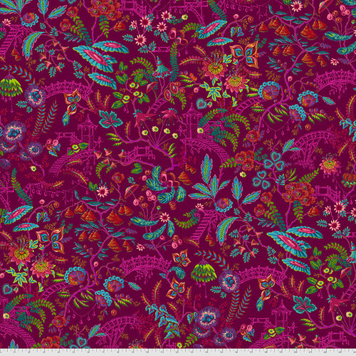 Florapolis from the Magicountry collection by Odile Bailloeul for Freespirit Fabrics.  Multi colored floral on a bright pink background.  Inspirations drawn from a variety of continents are found within this beautiful fabric.  100% Cotton, 44"