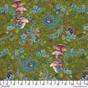 Tiny Beasts collection by Odile Bailloeul for Free Spirit Fabrics. These brilliant and bright fabrics have little animals hidden throughout each one. This "Masked Bandits" fabric is covered in mushrooms and mice! Teals, dark greens, light greens, reds and blush all make up this gorgeous rich fabric. Find the animals!