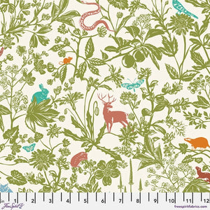 Tiny Beasts collection by Tula Pink for Free Spirit Fabrics. These brilliant and bright fabrics have little animals hidden throughout each one. This "Small Silhouettes" fabric is covered in animals and graphic green vines. The background on this is bright white and each animal is a different bright color. Find the animals!