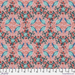 This fabric is designed by Odile Bailloeul for FreeSpirit. Snails hidden in a blush pink background. Leaves, flowers and vines. Teal and blue snails really pop on this rose pink background. 