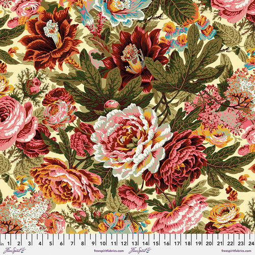 This bright fabric is from Kaffe Fassett for FreeSpirit Fabrics. This fabric consists of more moody colors like deep green, deep oranges and pinks, with pops of blues and yellow. This floral toss is over an ivory background. 