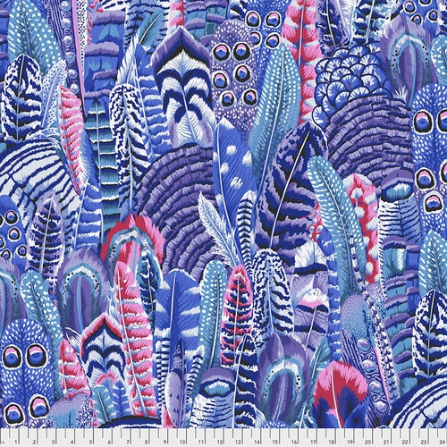 Philip Jacobs for the Kaffe Fassett Collective. Purple, blue, pink and white feathers.  100% Cotton, 44/5"
